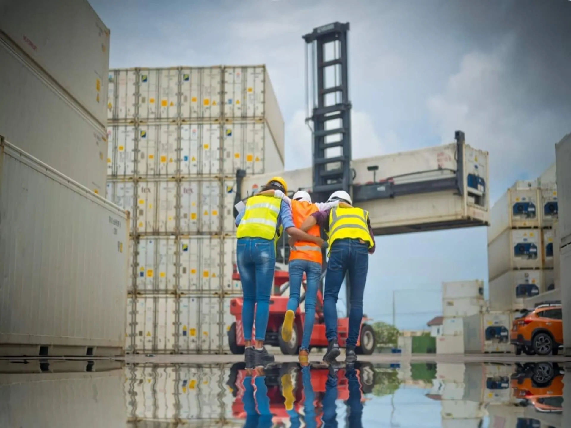 Workers in safety equipment assisting a colleague near shipping containers.