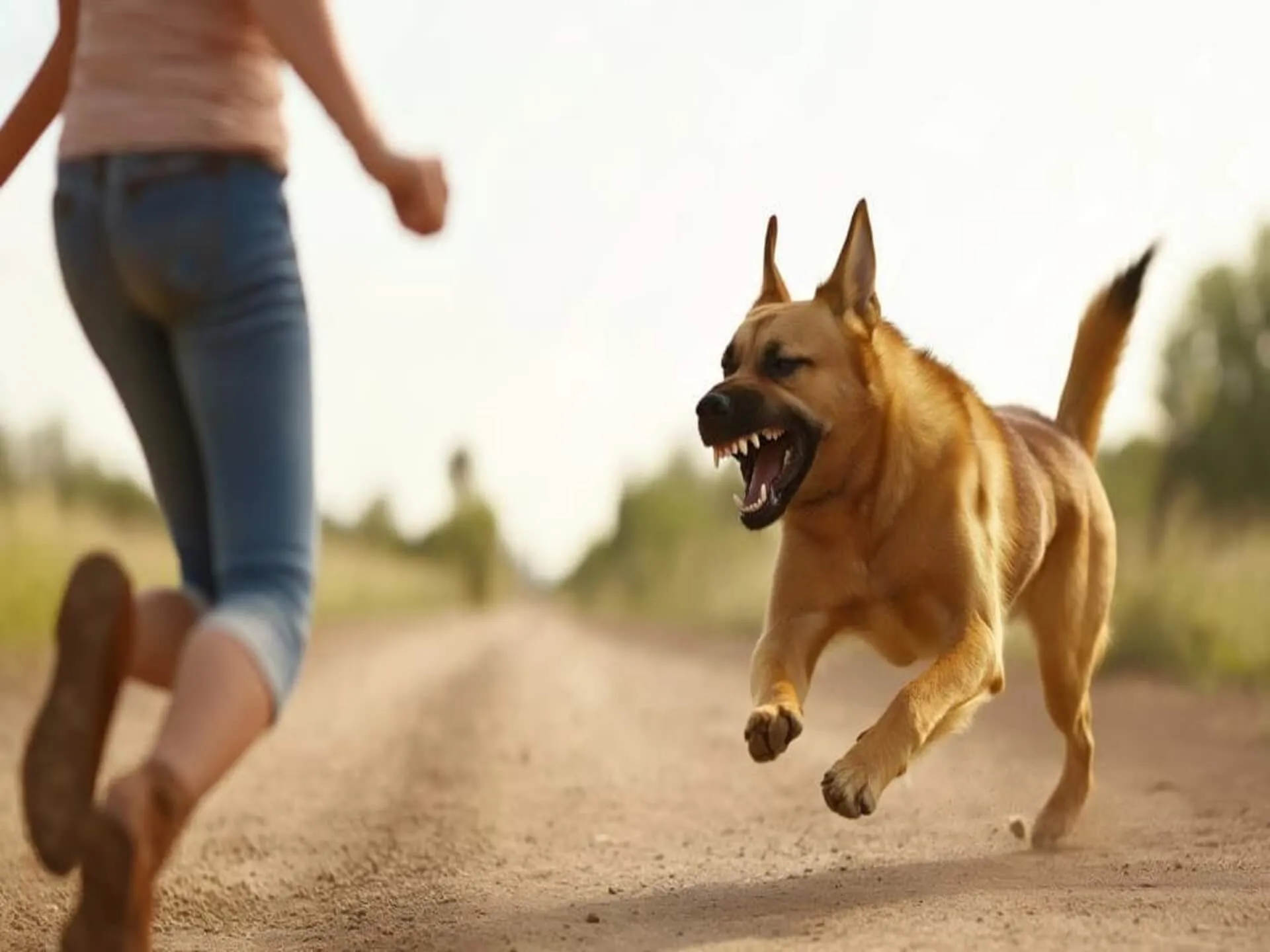 A dog with its teeth visible pursuing a person.