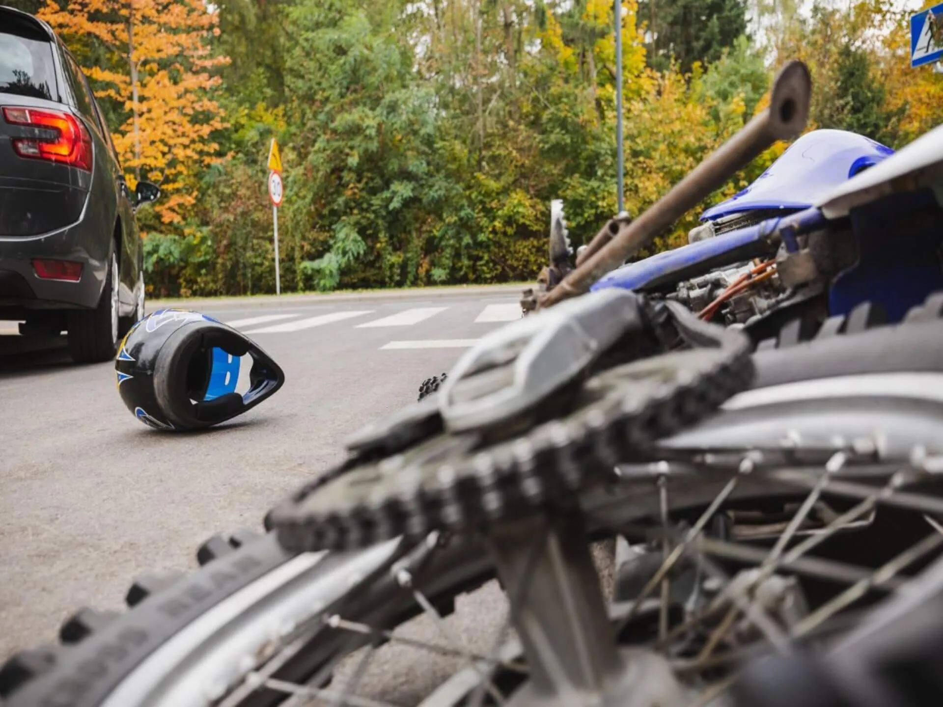 A motorcycle lying on its side beside a helmet and a car.