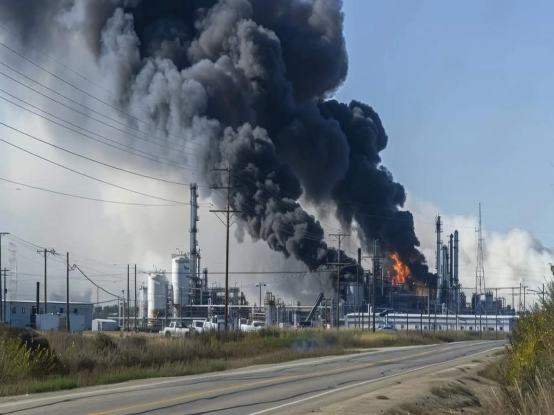 Flames and dark smoke rising from an industrial facility.