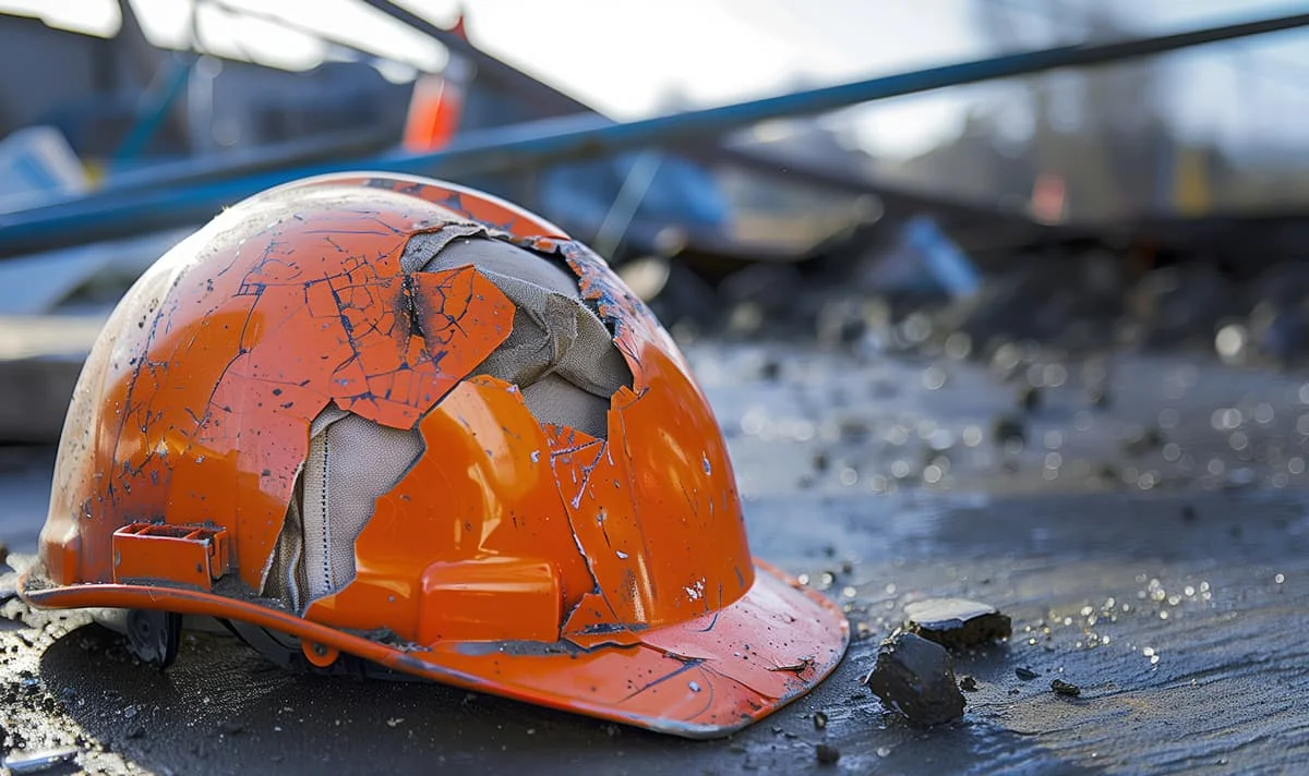 A cracked safety helmet lying on an industrial floor.